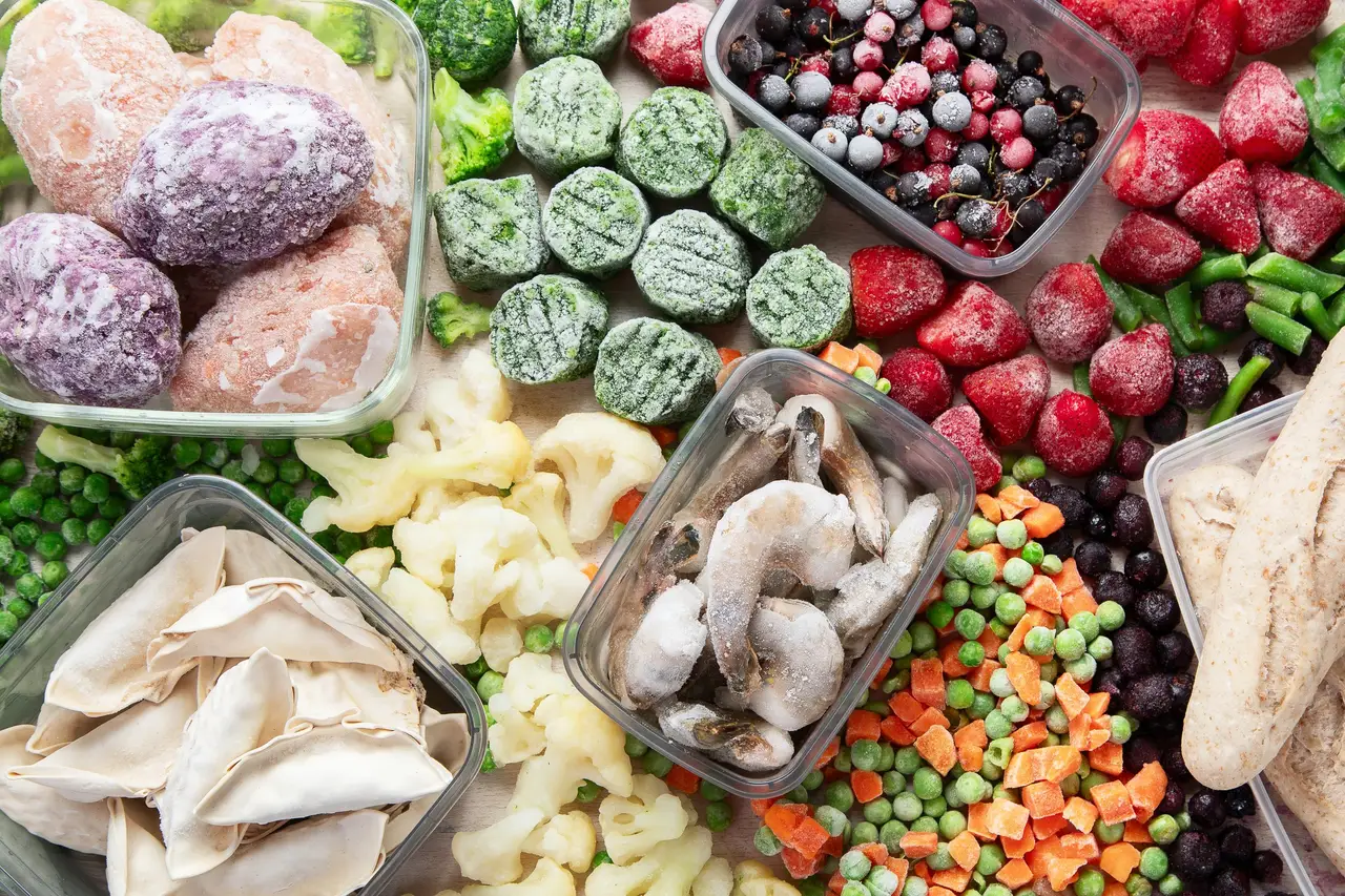 Tiefgekühltes Gemüse, Beeren, Garnelen und Teigtaschen in Frischhaltedosen