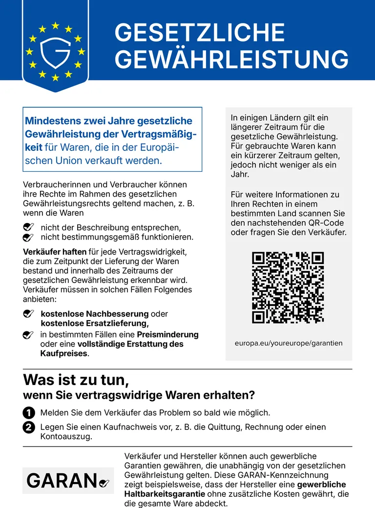 Gesetzliche Gewährleistung: EU-Hinweis zu Ihren Rechten bei vertragswidrigen Waren
