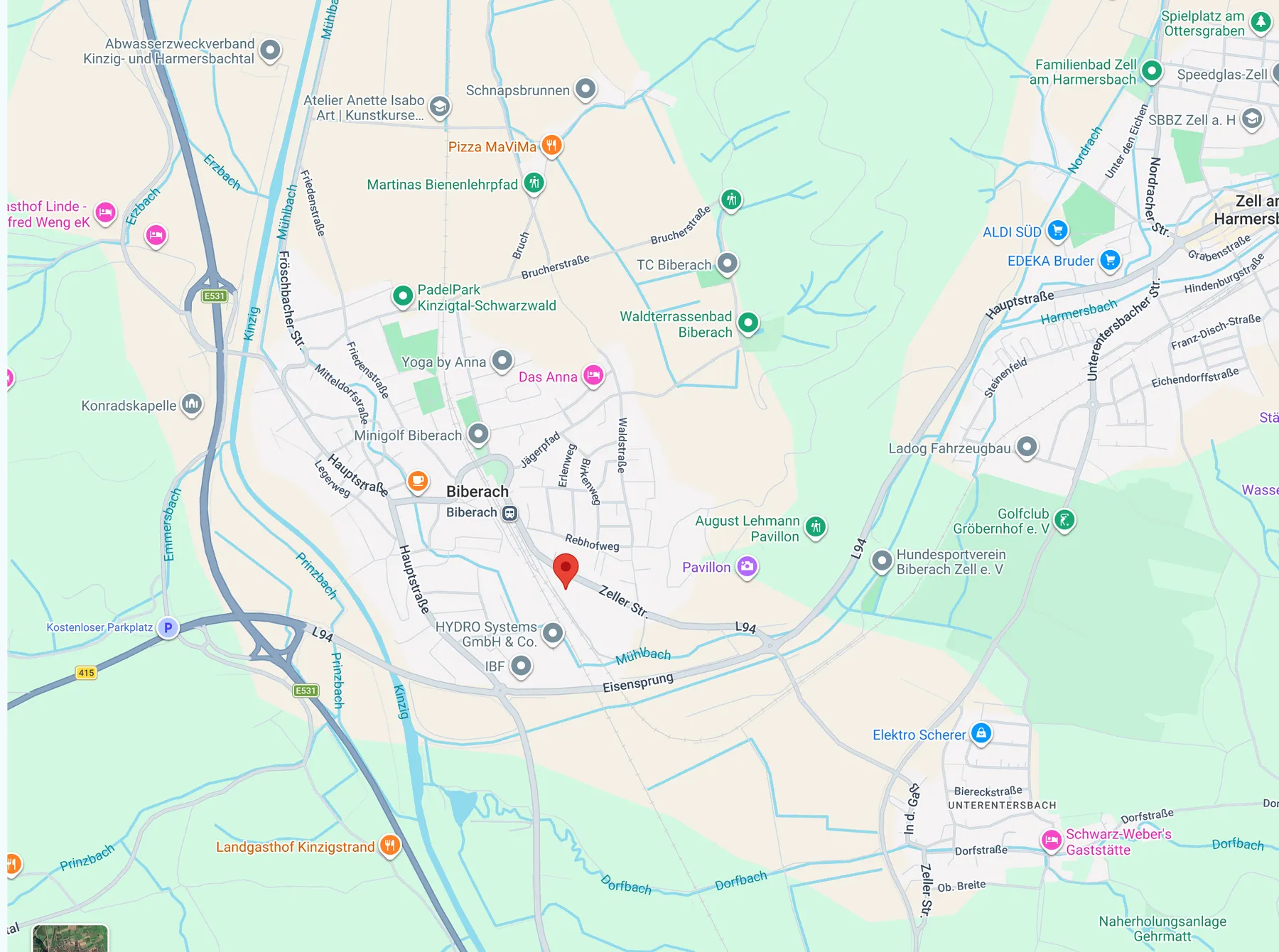 Kartenausschnitt Biberach (Baden) mit Markierung an der Zeller Straße 12a