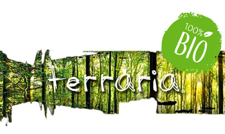 Logo Terraria mit Bio-Siegel.